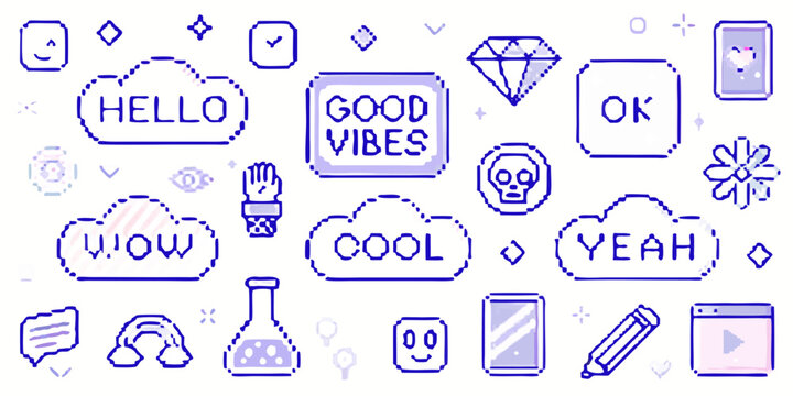 Neon pixel art collage with positive messages and playful objects