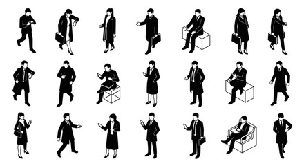 Fototapeta premium diverse isometric black silhouette business people interacting and walking ideal for modern corporate concepts and ui design