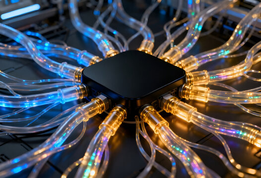 Futuristic Conceptual Visualization of a Central AI Processor Hub with Glowing Fiber Optic Cables and High-Speed Data Transfer - Advanced Neural Network and Quantum Computing Technology.