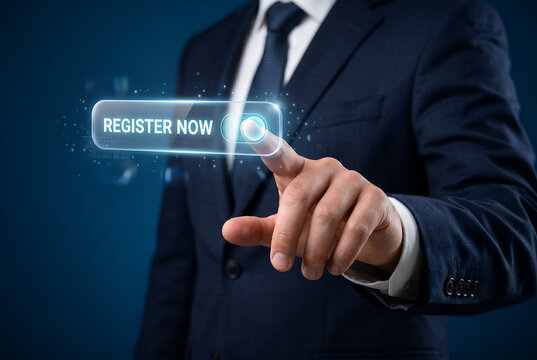Man in suit pressing register now button on digital futuristic screen with blue glow