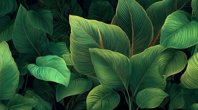 A close-up view of lush green leaves in a dense tropical forest with vibrant foliage and natural light