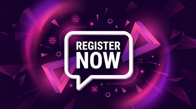 Register now message in a speech bubble with abstract glowing purple geometric background design and sparkles