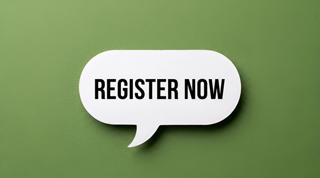 Register now text in speech bubble over a simple olive green background with subtle texture