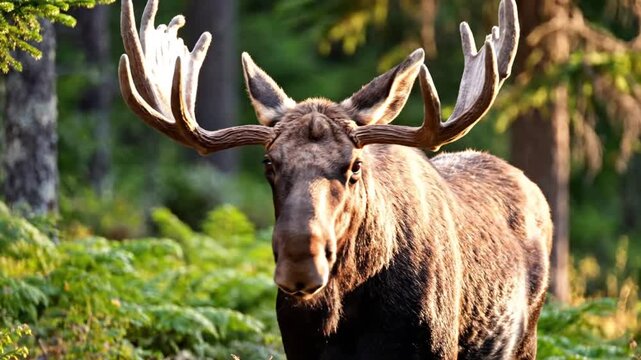 Close-up front view of a mature bull moose with large palmated antlers standing in a sunlit coniferous forest clearing with green ferns and blurred evergreen trees in the background.
