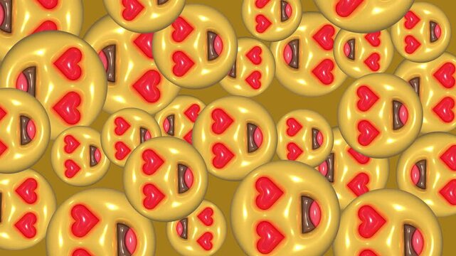 Heart eyes emoji background, 3D animated yellow smiley faces with red hearts, romantic social media video loop, glossy emotional character pattern