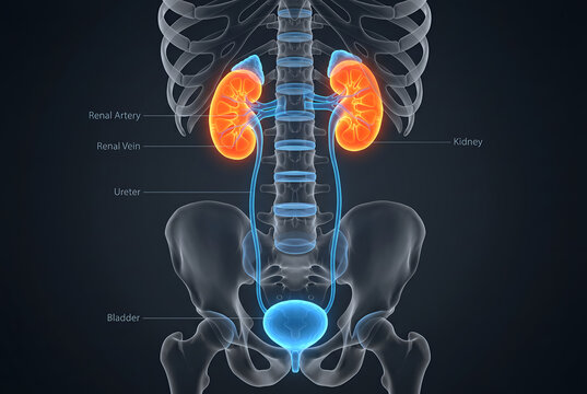 Anatomical illustration of human urinary system organs showing kidneys ureters bladder and skeleton