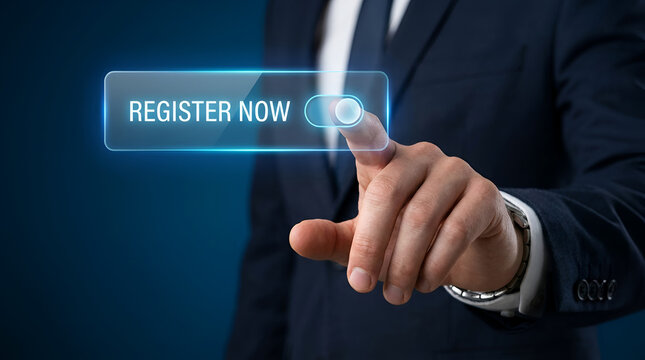 Businessman hand touching register now digital button with glowing effect on dark blue background symbolizing action
