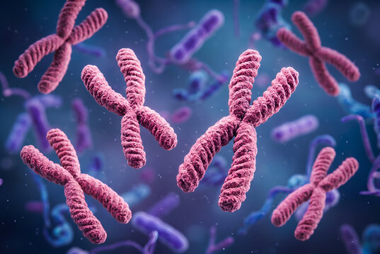 Multiple pink chromosomes scattered with purple rod-shaped cells and smaller chromosome structures