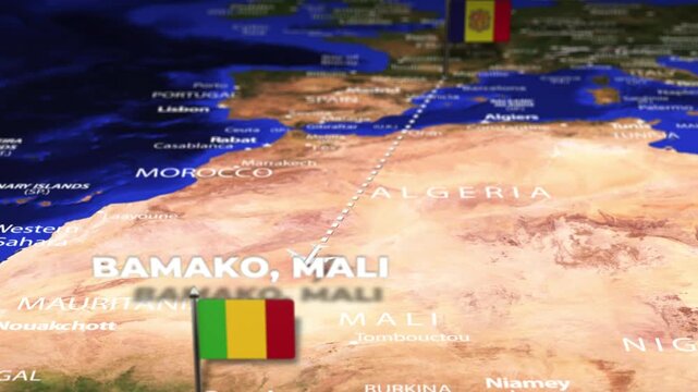 Flight From Andorra la Vella ANDORRA Bamako MALI with flag pins