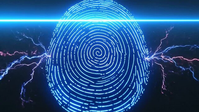 Digital glowing blue fingerprint scan with electric energy effects on a dark background, representing security and identity.