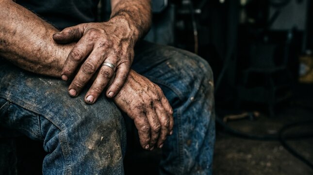 Close-Up Dirty Worker Hands Resting on Knees, Hard Labor Concept, No Face, Dramatic Lighting