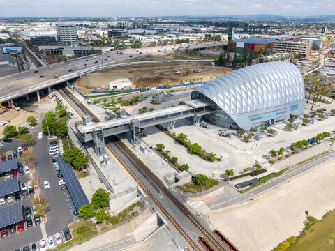 Aerial view of ARTIC, Anaheim Regional Transportation Intermodal Center, in Anaheim, California.