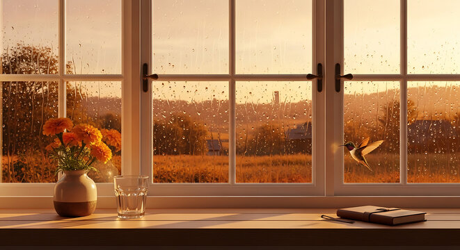 Cozy autumn morning through a window with rain, flowers, a bird in flight, and a notebook on a windowsill