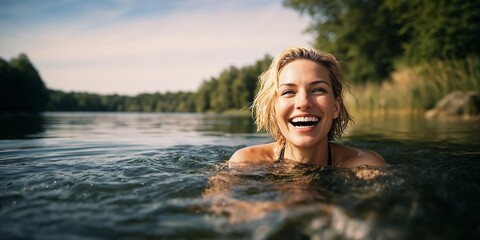 Fototapeta premium Portrait of a joyful young woman, girl with blonde hair laughing while bathing, swimming in water in a tranquil lake surrounded by lush green trees under a clear sky in nature outdoors