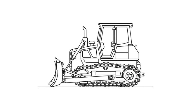 Black and White Line Art Illustration of a Heavy Construction Bulldozer