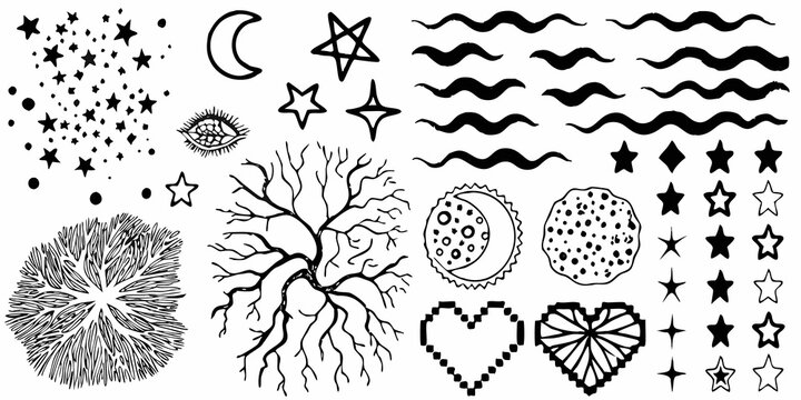 Whimsical black and white doodle collection featuring celestial and organic shapes