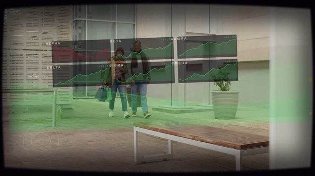 Couple walking carrying bags while centering, finance charts fading in veiling them showing spend