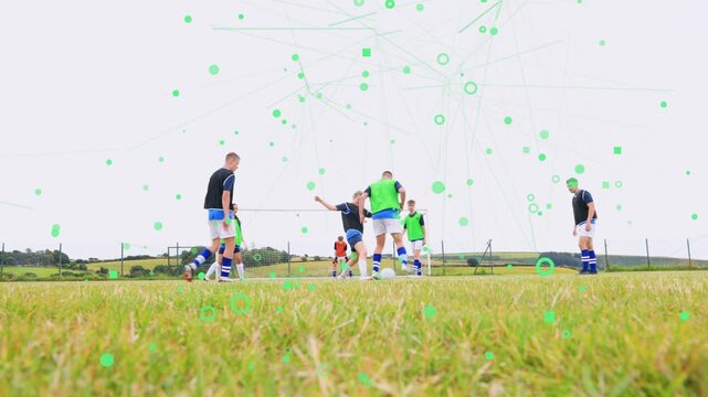 7 soccer players shifting to goal after attacker moving, defenders closing, green circles floating