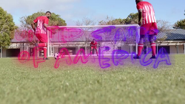 After ball set, kicker running, shooting in sports with graffiti text tracking ball, keeper diving