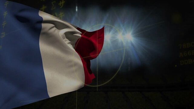 Spotlights activating tricolor flag waving across frame, ripples forming, reticle, yellow overlay