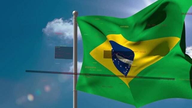 Gusting wind sending Brazilian flag fluttering, folding and revealing design with sun flare HUD