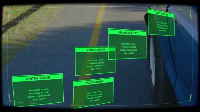Onboard sensor detecting breach, green HUD panels multiplying, shifting, alerting vehicle systems