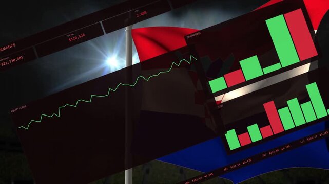 Wind gusting, data panels tilting while line rising and bars growing, flag waving, showing growth