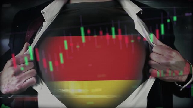 Man adjusting then pulling shirt open revealing German flag as scrolling candles showing markets