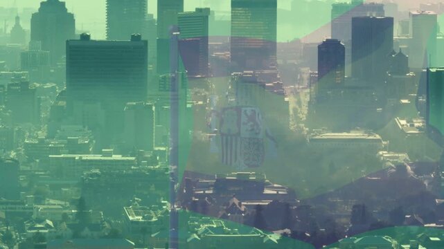 Frames rolling causing flag layer waving over skyline, crest peaking then fading, marking nation