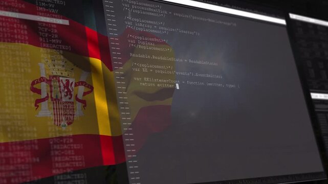 Floodlights switching on Spanish flag waving screen appearing code scrolling showcasing sports tech
