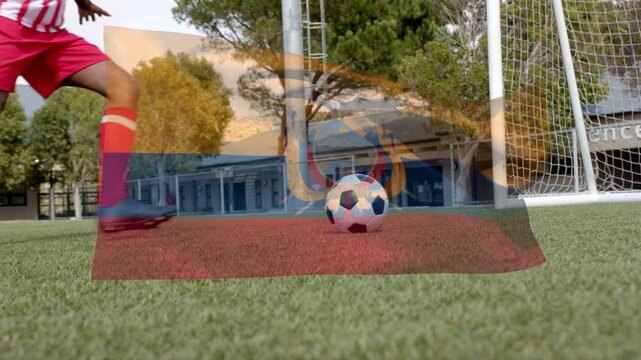 Sports player running, shooting ball at goal and trying score, translucent overlay crossing frame