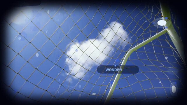 Soccer goal net hanging calm, bulging then settling after ball striking from right, showing WONDER