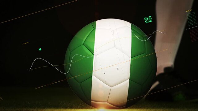 Soccer ball, light flaring as athlete shifting weight, striking ball to launch shot, HUD tracking
