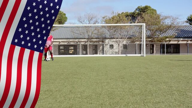 Team controlling ball dribbling left into goal as US flag overlay waving teammates joining training