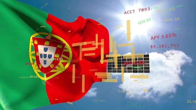 Portuguese flag waving left, breeze starting, financial bars and grid appearing right, showing APY
