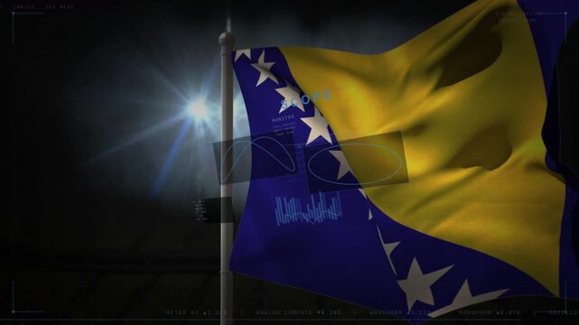 Breeze initiating national flag waving, spotlight casting flare, HUD overlays shifting with folds