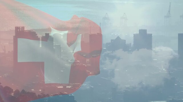 Light wind starting, Swiss flag billowing and twisting as translucent overlay showing Swiss pride