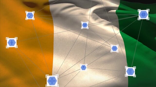 Playback starting, orange-white-green flag rippling while blue hex nodes shifting, showing network