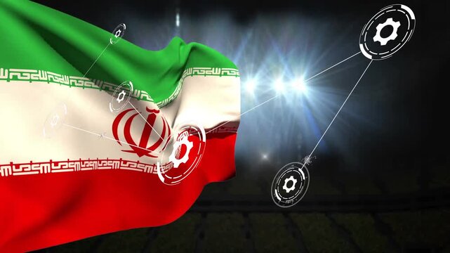 Wind starting, floodlights flaring, flag waving while HUD cogs linking to emblem, mapping data