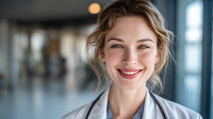 Obraz premium Radiant Healthcare Professional: A close-up shot of a caring doctor with stethoscope around neck, radiating warmth and compassion as she smiles confidently at the camera.