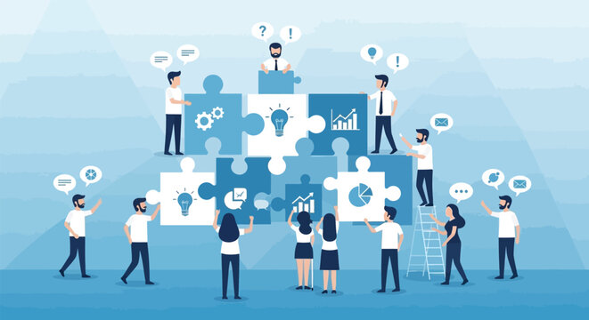 Business teamwork concept with people assembling puzzle pieces, corporate collaboration and problem solving vector, professional team building illustration