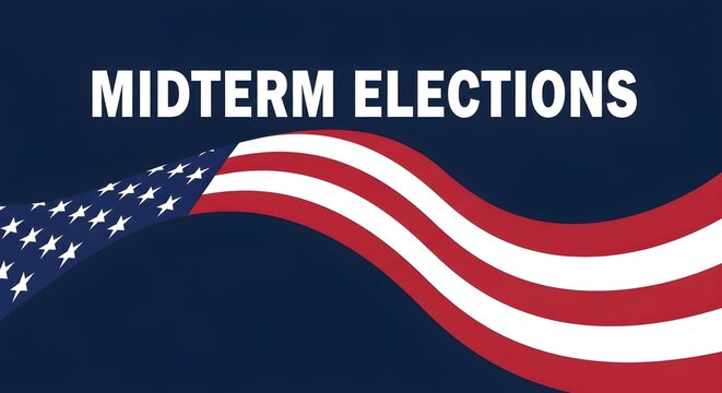 Bold graphic design announcing midterm elections with waving American flag and patriotic colors.