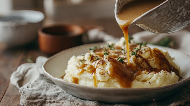 A savory gravy being poured over a plate of mashed potatoes in a cozy kitchen setting.