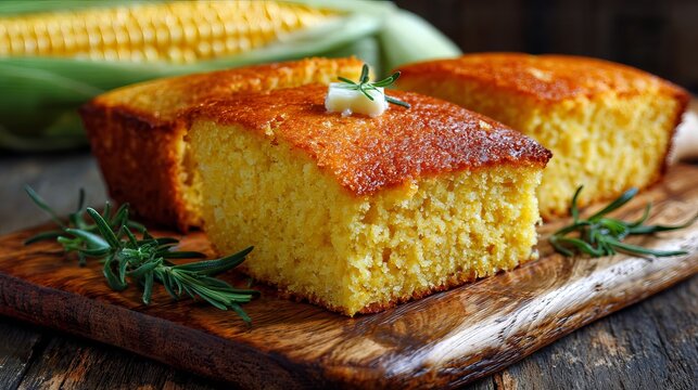 A slice of cornbread on a wooden cutting board with rosemary and butter, accompanied by an ear of corn in the background.