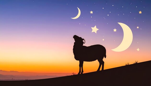Whimsical sheep silhouette standing on a hill during a colorful sunset