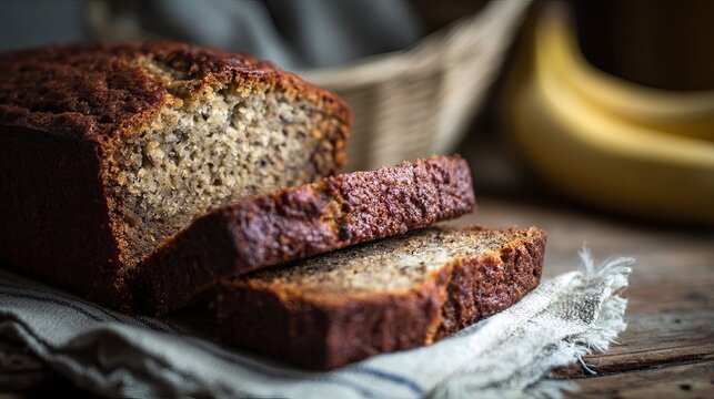 A delicious loaf of homemade banana bread sliced and placed on a rustic wooden table with a blurred background of fresh bananas.