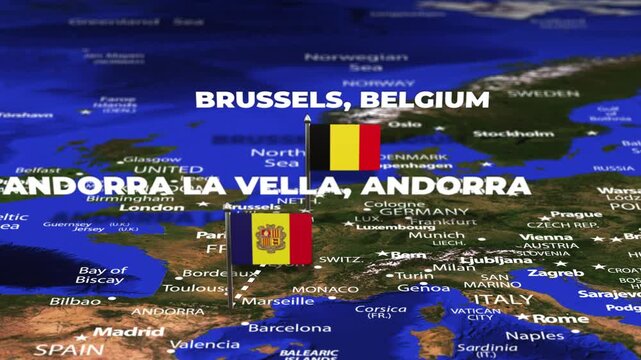 Flight From Andorra la Vella ANDORRA Brussels BELGIUM with flag pins