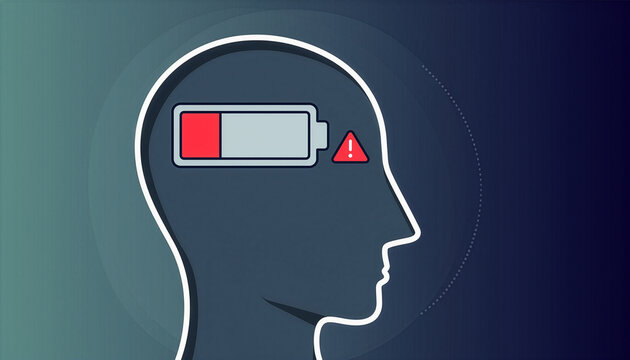 A battery in head is running low. A symbol of exhaustion, burnout, and waning mental energy