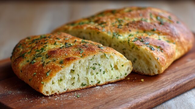 A delicious loaf of garlic bread cut in half on a wooden cutting board