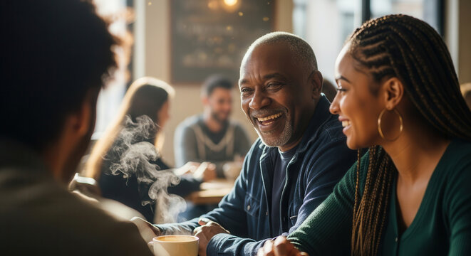 Senior Black man and young Black woman laughing, sharing hot coffee in a cafe. Sunlight highlights joyful expressions and the steaming mug.